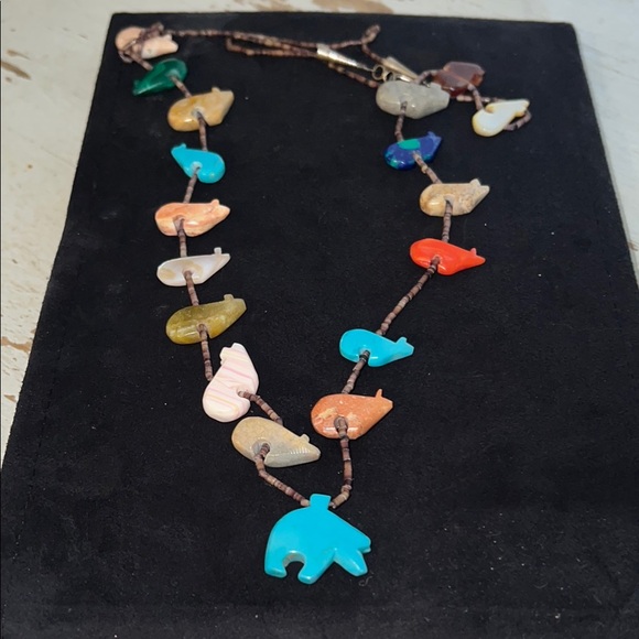 Native American Jewelry - Zuni Old Pawn Turquoise Fetish Hand Carved Necklace Statement Heishi Beads Bear